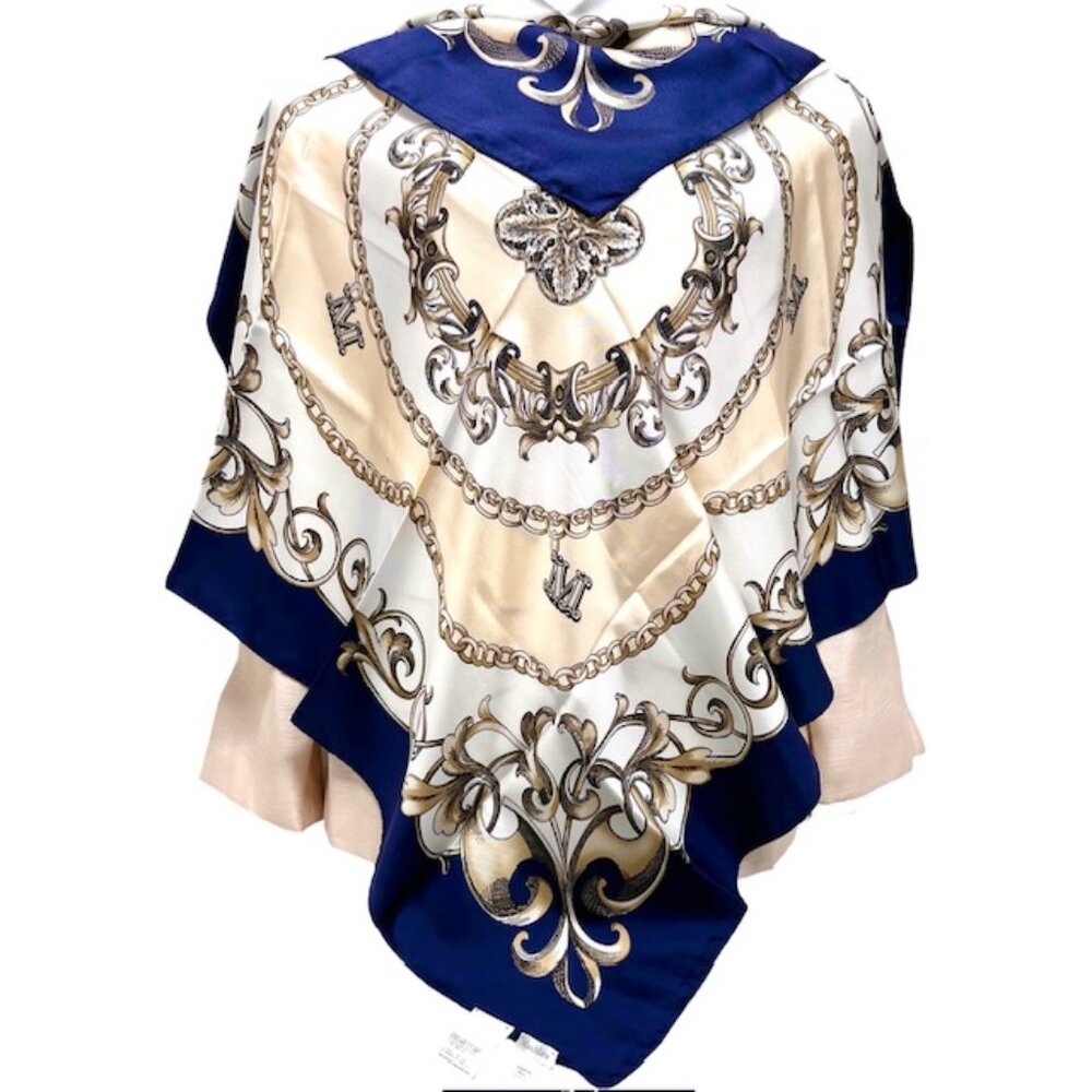 Luxurious Max Mara  100% Silk Satin  Scarf  34"x34 White Ivery Navy Blue Logo(38